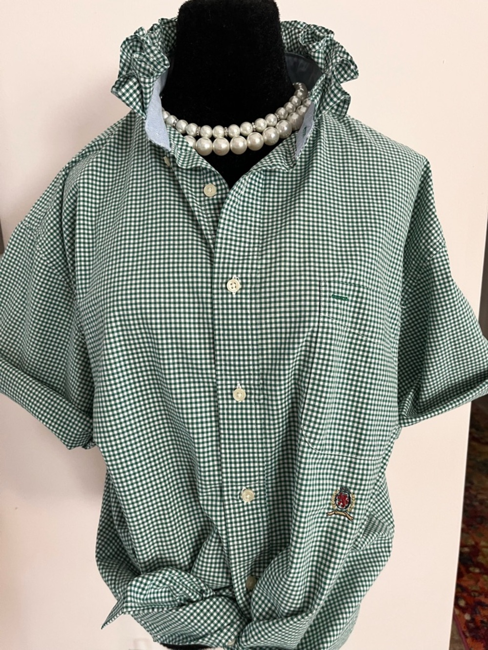 Upcycled Tommy Hilfiger Green Gingham Short Sleeve Button-Down Shirt